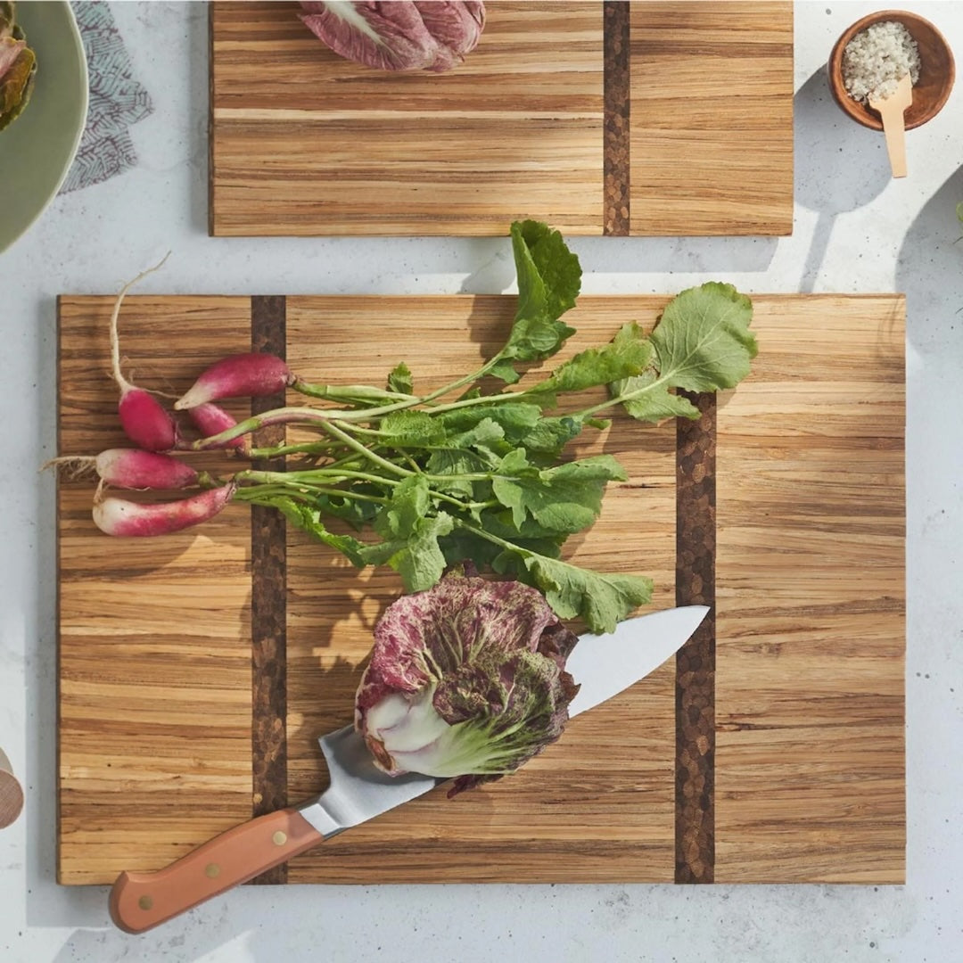 Medium gather and graze serving board with a bunch of radish and a head of lettuce sitting on top